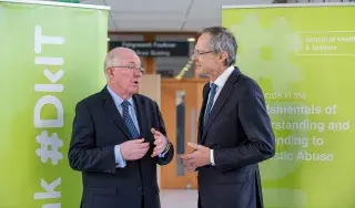 [From left] Minister for Justice & Equality, Charlie Flanagan, TD speaks to DkIT President, Michael Mulvey, PhD, at the ‘The Changing Landscape of Domestic Abuse – a Multiagency Perspective’ conference today in DkIT today.