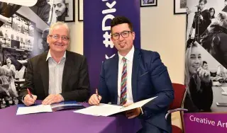 Pictured (from left) are Head of School of Informatics & Creative Arts at DkIT, Dr Gerard (Bob) McKiernan and Lorcan Dunne, Programme Director on the BA (Hons) in Film & Television Production at the official signing of the MOU with Film School Network at DkIT.  