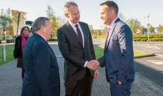 DkIT President, Dr. Michael Mulvey greets An Taoiseach, Leo Varadkar TD at the All Island Civic Dialogue on Brexit in DkIT, 30th April 2018 alongside DkIT Governing Body Chair, Cllr Clifford Kelly.