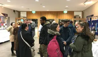DkIT students begin to gather outside the Whitaker theatre for refreshments and a spot of networking
