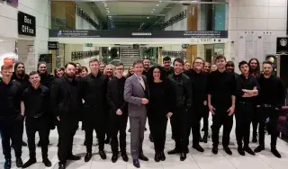 Dressed and ready to go, the DkIT Choir take time for a photo with musical legend, Daniel O'Donnell