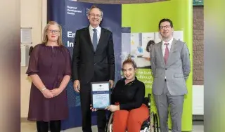 DkIT Lecturer, Angela Hamouda, DkIT President Michael Mulvey, PhD, DkIT Community Youth Work Students with the European Enterprise Promotion Awards 2019 