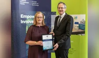 DkIT Lecturer, Angela Hamouda and DkIT President, Michael Mulvey, PhD; with the European Enterprise Promotion Awards 2019 