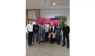 Eric Clinton, pictured with DkIT Lecturers Colin Cooney and Angela Hamouda, along with students from the MBS Marketing and Entrepreneurship