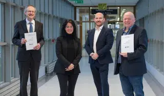 Pictured are (l-r) Dr Michael Mulvey, DkIT President, Hilary Moran, The Fintech Corridor, Aidan Brown, DkIT and Peter Rowan, Yapstone at the signing of new partnership at DkIT Campus