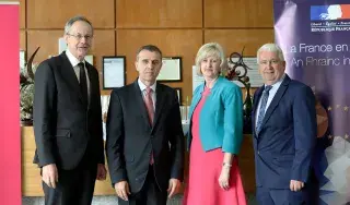 Pictured [from left to right] are Michael Mulvey, PhD, DkIT President; Stéphane Crouzat, French Ambassador to Ireland and Dr Sheila Flanagan, VP of Academic Affairs & Registrar, DkIT and Declan Breathnach TD at the Good France-Ireland event in DkIT.
