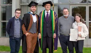 Taidgh Kavanagh, DkIT SU VP of Welfare and Equality from Drogheda, Co Louth receives his BA (Hons) in Digital Humanities Award at DkIT Graduation 2019, pictured with DkIT President, Michael Mulvey, PhD and his family.