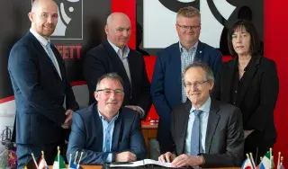 Back row: Aidan Browne, DkIT, John McFadden, Director - Quality & Product Support Moffett TMFL, Mark Gittens, Vice President, Sourcing, Clodagh Sands, Senior HR Manager, HIAB HR. Front row: Paul Rogan, Director Business Control, TMFL Product Business & Michael Mulvey, President, DkIT. [Photo: Ciara Wilkinson]