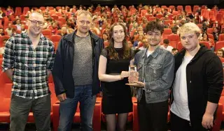 Filmmaker Frankie Fenton who presented the award  and the winning crew Jaroslav Jankovskij, Claire Smyth, Michael Coady, Jack Healy (missing from pic are James Clegg & Raymond Sherry).  
