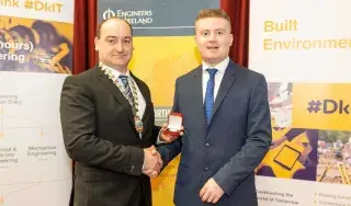 Pictured (from left) are David Hatchett, Control System Engineer at Combilift & Vice Chair of Engineers Ireland, North East with 2019 Peter Rice Award Winner, Daniel McWall who is a graduate of BSc in Electrical & Electronic Systems Graduate at  DkIT