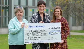 Events Management Lecturer, Maria Roddy-Freyne presents cheque for €1500 to Ann McKeown and Brenda McCarthy of Irish Cancer Society
