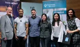 (L-R) Neil Mc Loughlin (Technology Transfer Manager DkIT), Emmanuel Olandunjoye (Mechanical Eng. 3), Eoin Reilly (Mechanical Eng. 3), (Wendy) Yi Ching, Khong (Accounting & Finance. 3) Yu Nan Teng (Accounting & Finance. 3) and Yvonne Brady (EVB Sport)