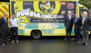 DkIT Staff outside Bumbleance Ambulance at national launch of Megadojo in Dublin.