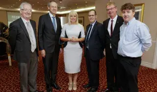 (R-L) Dr Gerard (Bob) McKiernan, Head of School of Informatics and Creative Arts; Dr Michael Mulvey, DkIT President;  Minister of State for Higher Education, Mary Mitchell O’Connor TD; Dr Brendan Ryder, Head of Department of Visual and Human-Centred Computing; Mr Peter Gosling, DkIT Computing Lecturer & MegaDojo Co-ordinator. 
