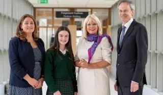 Minister Mary Mitchell O'Connor with DkIT President, Dr. Michel Mulvey, Acting Principal of St Louis Secondary School, Michelle Dolan and a student from St Louis Secondary School