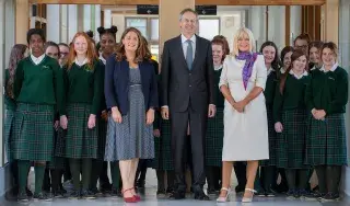 Minister Mary Mitchell O'Connor with DkIT President, Dr. Michel Mulvey, Acting Principal of St Louis Secondary School, Michelle Dolan and students from St Louis Secondary School