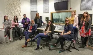 Left to right - Ellie May Bopp, BA (Hons) Production of Music and Audio student; Shannon O’Brien, MA Music Technology; Claire Fitch, Composer Sound Design Games and Programme Director, MA/MSc in Music Technology at DkIT; Ann Marie Hanlon musicologist and Programme Director, BA (Hons) in Applied Music / Lecturer in Music at DkIT; Ciara Power, BA (Hons) Applied Music student; Sarah Haque; Hilary Mullaney Composer, Electroacoustic Music; Lena Byrne; Hollie Delahan, BA (Hons) in Applied Music student