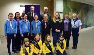 Front – Naomh Bhuite Brownies; Middle from left Monasterboice Guides and Senior Branch with their leaders Antoinette Rourke, Marie Taylor and Olivia Holden; Back – Michael Mulvey, DkIT President, Tom Dooley, Head of School of Engineering