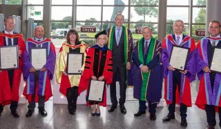 Congratulations to our six recently conferred Professors.  From left to right: Dr. Fergal Mc Caffery, Dr. Keith Thornbury, Dr. Eleanor Jennings, Dr. Eibhlis Farrell, Dr. Mark Hollywood and Dr. Gerard Sergeant.   Dr. Michael Mulvey and Clifford Kelly included
