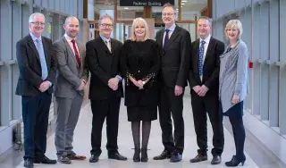 Pictured [from left] are: Bob McKiernan (DkIT); Aidan Browne (DkIT); Peter Finnegan (Nova Leah); Minister Mary Mitchell O’Connor, T.D.; Michael Mulvey, PhD, DkIT President; Dr Fergal McCaffrey (Regulated Software Research Centre & Nova Leah) and Dr Sheila Flanagan (DkIT) on campus to announce €3.7 million funding for disruptive technology projects. [Photo by Ciara Wilkinson]