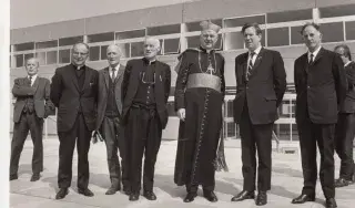 Official Opening May 1971: L to R Cormac McGahon (Architect) Rev. D. Campbell, Adm. Dundalk J. McGahon (Architect) Mons. McKevitt (Chairman V.E.C.) Cardinal Conway Mr P. Faulkner (Minister for Education) M. Z Mac Confaola (C.E.O.)