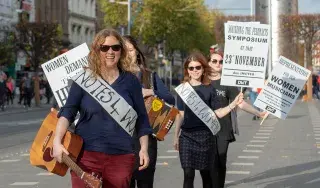 (L-R): Dr Ann-Marie Hanlon (DkIT), Joanne Cusack (Fair Plé), Dr Laura Watson (Sounding the Feminists, Maynooth University) and Sinéad Furlong (Mnásome) pictured outside GPO, Dublin to demand better representation for women in Ireland’s cultural history.