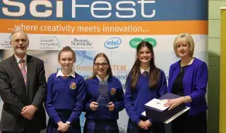 Pictured from left are: George Porter, Chief Financial Officer, SciFest; Irish Science Teachers' Association ISTA Award winners Ruth McGee, Erin Moore and Fiadh O'Grady from St Vincent's Secondary School Dr. Sheila Flanagan, Vice President for Academic Affairs, DkIT