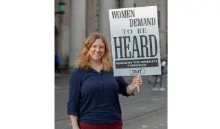 Dr Ann-Marie Hanlon (DkIT) pictured on O’Connell St, Dublin to demand better representation for women in Ireland’s cultural history.