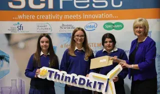 Pictured from left are: Best Junior Life Sciences Project Award winners Aoife McQuillan, Ciara Gorham and Kayla Darby from St Vincent's Secondary School, Dundalk and Dr. Sheila Flanagan, Vice President for Academic Affairs, DkIT