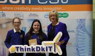 Pictured from left are: Highly Recommended Award winners Cara Preston and Ciara Reilly, St Vincent's Secondary School students and Dr. Sheila Flanagan, Vice President for Academic Affairs, DkIT