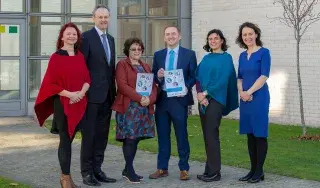 Pictured (L-R): Olya Antropova (DkIT graduate and TEAM Project Research Assistant), Dr. Michael Mulvey (DkIT President), Dr. Dina Brazil (Senior lecturer and TEAM project member, Institute of Technology Carlow), Dr. Ronan Bree (DkIT Applied Sciences lecturer), Moira Maguire (Head of Learning and Teaching at DkIT) and Dr. Edel Healy (Head of School of Health & Science at DkIT)