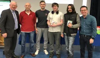 (L -R) Professor Vincent Cunnane; President of LIT), Derek O Reilly; Academic mentor, James Farrell; Student mentor, Luke Halpenny, Vilandas Morrissey and Liam Noonan; Competition organiser.  