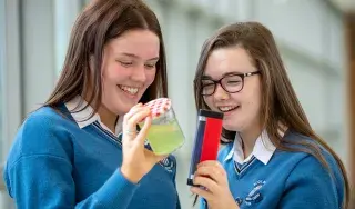 Transition Year students Ella O’Byrne and Keely Burke of Scoil Mhuire, Trim investigate the extent of micro-plastics in the water in county Meath at SciFest@DkIT 2018