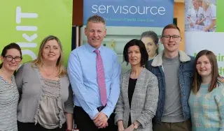 DkIT-Servisource Scholarship winners with Myles Hackett, Head of Department of Nursing, Midwifery and Health Studies at DkIT and Sinead Kieran, Marketing Manager at Servisource