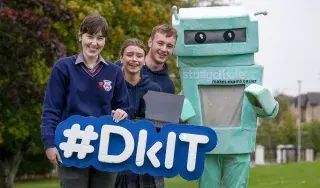 Maeve Murray, (Chairperson Student Council Ardee CS), Gemma Murray (Head Girl), David Hennessy (Head Boy), StudyClix robot (Sean Boyle)