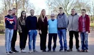 Dr. Ingrid Lewis together with some of the students enrolled in  the Holocaust film module (L-R) (Brian Culley, David Smith, Laura Conaty, David McGeary, Dr.Ingrid Lewis, Tomi Reichental, Chris Killingbeck, James Cassidy and Martin Brady). 