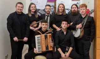 Fourth Year students from the BA (Hons) Applied Music programme: (standing, L to R) Mícheál Mullen, Jane Meehan, Conor Walsh, Ciara Brannigan, Jonathon Collins, Conor Bogue; (seated) Shane McKenna and Calvin McManus