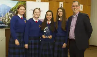 The winners of the 'Design Award' from St. Vincent's Secondary School, Dundalk Co. Louth with DkIT Head of Department of Visual and Human-Centred Computing, Brendan Ryder.