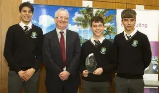 The overall winners of the competition formed a winning alliance pictured here is St Mary’s Dundalk, Co. Louth with Bob McKiernan Head of School of Informatics and Creative Arts.