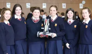 (L-R) Lana Field, Hope Darcy, Libby Connor, Orlaith Quinn Shauna Geraghty and Caitlin Cudden from Sacred Heart Secondary School in Drogheda, Co. Louth with their robot. 