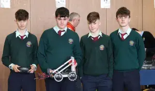 (L-R) Patrick McMahon, Keith Morgan, Fionn McCabe and Conor Moran from Castleblayney College, Co. Monaghan with their robot.