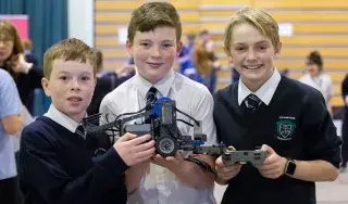 Left to right] Ciaran Carroll, Cole Ferriter and Adam Ferriter from Termonfeckin N.S. participate in VEX Robotics North East Regional Competition at DkIT [Photo: Ciara Wilkinson]