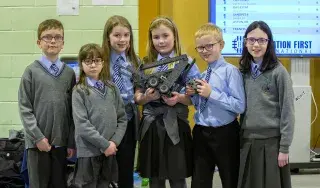[Left - Right] Pupils from Kilkerley N.S. Eoin Larkin, Alana Quigley, Naoise Harris, Sadhbh McElroy, Oisín Donnelly and Nancy Coleman participate in VEX Robotics North East Regional Competition at DkIT.