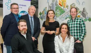 Back Row: 2022 Judges including Michael Twomey, (Health Innovation Hub Ireland), Martin Curley (CEO, HSE Digital Transformation Unit), Joanna Wardzinski (Head Tech Lead & Operations, International Healthcare AWS at Amazon Web Services ), Conor O'Sullivan (Atlantic Bridge)  Front Row: eHealth Embark 2022 Winners Stephen Geoghegan (Founder, Cymantic Medical), Dearbhail Ormond (Founder, Frendo)