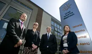 From left): Trevor Lucy, Director of Engineering at SIRO, Ann Campbell, President of DkIT, Minister for Housing and Urban Renewal Damien English TD and Debbie Ward, Regional Sales Manager at Vodafone Ireland at the launch of the Gigabit Hub Initiative