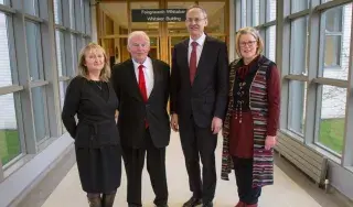 DkIT Staff with John Teeling as part of the Entrepreneurship Lecture Series 2018 (R-L: Dr. Colette Henry, Head of Department of Business Studies; John Teeling; Dr. Michael Mulvey, DkIT President; Angela Hamoud, Business Lecturer)