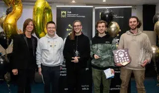 (left to right) Dr. Janice O’Connell (Head of Dept of Information Technology, TUS), Dr Liam Noonan (Event organiser), Ryan Habis (DkIT ACM Chairperson) , Jiri Uhlir (DkIT team) and Samuel Sukovsky (DkIT team).