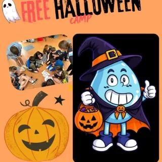 Free Halloween Camp poster showing children at play and a couple of cartoons
